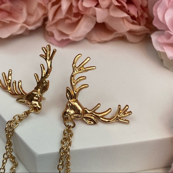 Retro Double Chain Deer Head Collar Lapel Pin - Picture 8 of 16